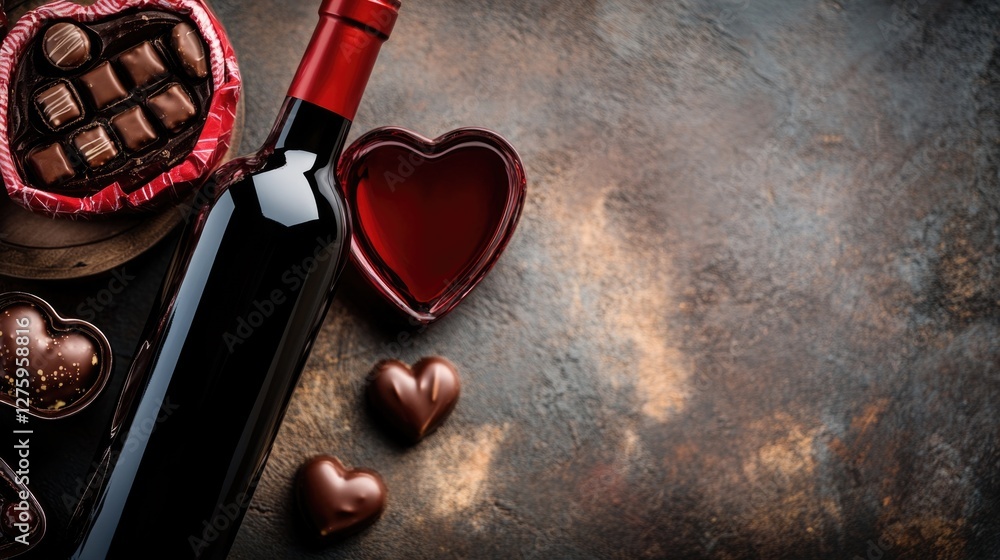 Poster a bottle of wine and some chocolates placed on a table