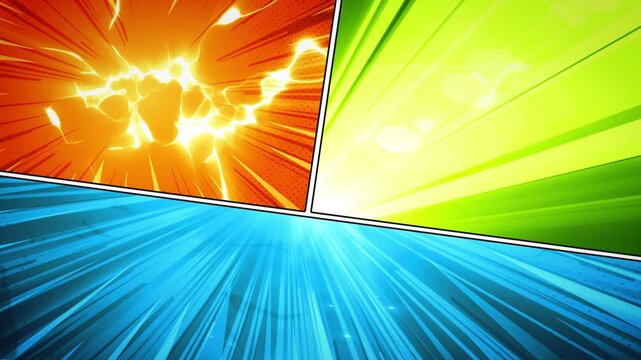 Comic Book Action Animation With Energy Fx/ Animation of a powerful retro 80s textured comic books page background with halftone dots energy fx and explosive sunbeams effects
