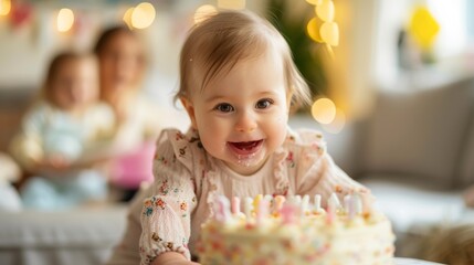 Baby girl blowing out birthday candles on cake.