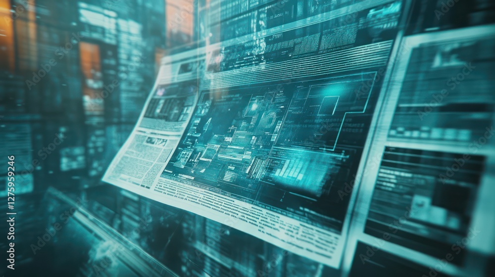 Poster futuristic news: digital data streams and information overload
