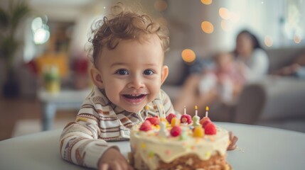 A baby boy holding a cake with candles.