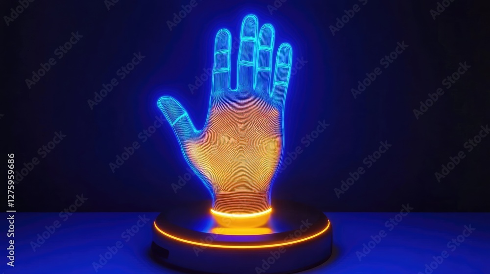 Poster a futuristic handprint scanner glowing with neon details, symbolizing security and identity.