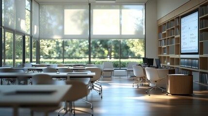 A modern classroom featuring ample natural light, minimalist design, and a spacious layout, ideal for collaborative learning.