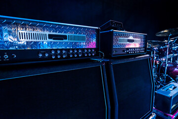 Rock concert stage with musical instruments and amplifier sound speakers