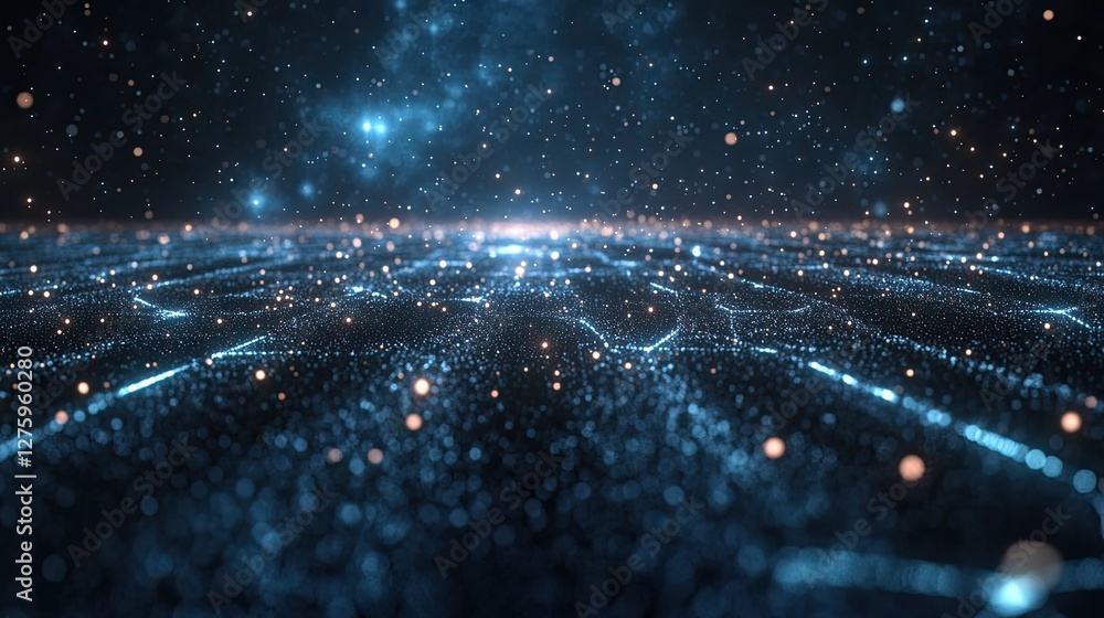 Poster a futuristic scatter plot with points appearing as small glowing stars in a deep blue galaxy-like ba