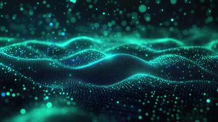 A futuristic scatter plot with neon green and blue points glowing on a dark digital grid.