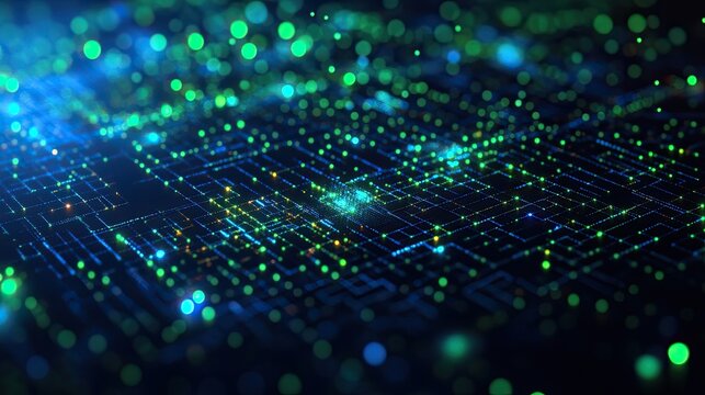 A futuristic scatter plot with neon green and blue points glowing on a dark digital grid.