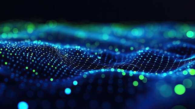 A futuristic scatter plot with neon green and blue points glowing on a dark digital grid.