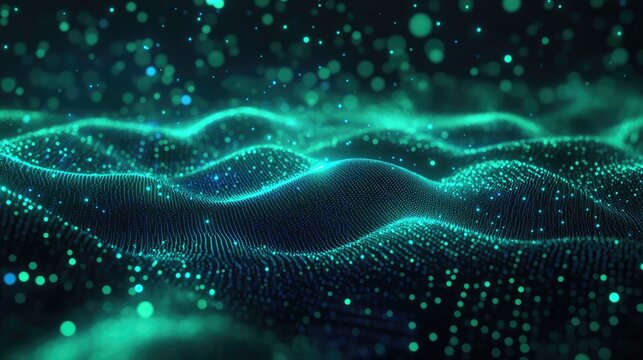 A futuristic scatter plot with neon green and blue points glowing on a dark digital grid.