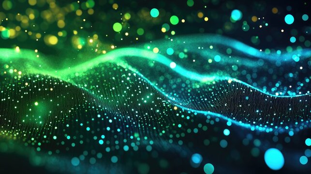 A futuristic scatter plot with neon green and blue points glowing on a dark digital grid.