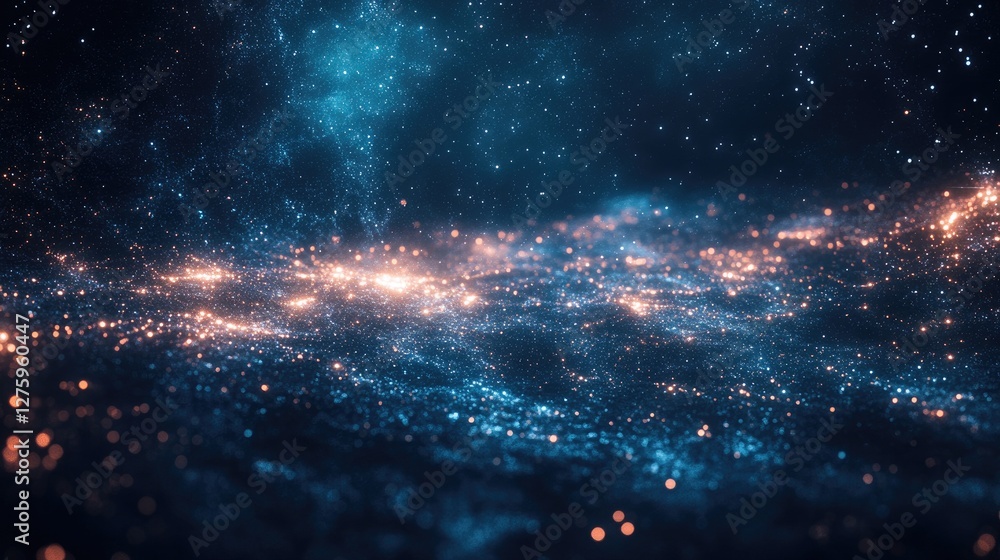 Poster a futuristic scatter plot with points appearing as small glowing stars in a deep blue galaxy-like ba