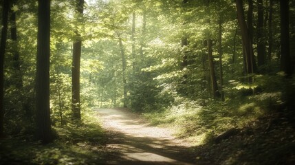 Naklejka premium A gentle blur effect of a forest pathway, with light filtering through the leaves, creating a peaceful, serene mood.