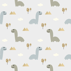 Dinosaur cartoon so cute. On tree mountain cloud background. Pattern seamless vector illustration. 