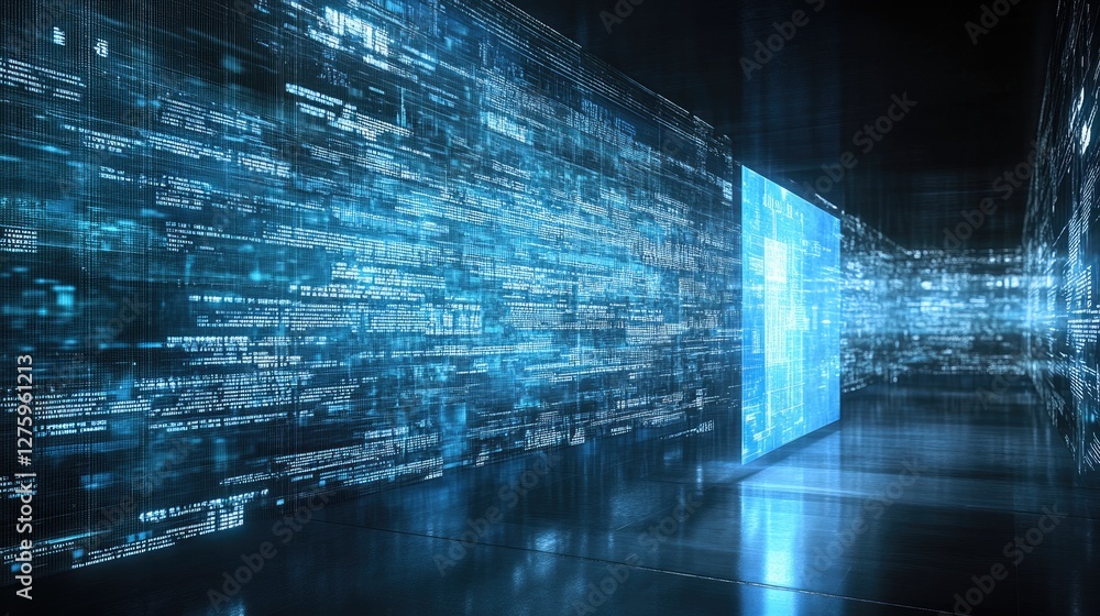 Poster a glowing bar chart emerging from a transparent screen, representing digital transformation in analy