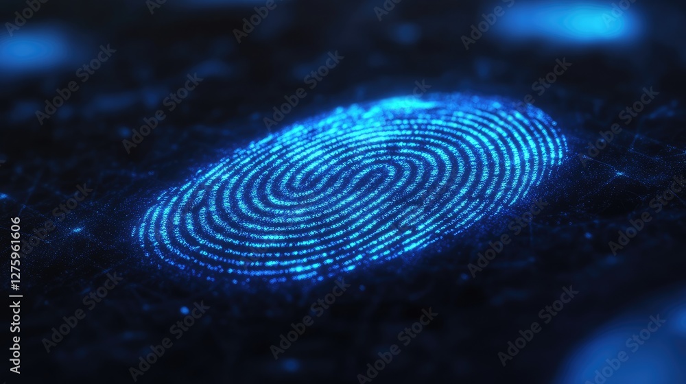 Poster a glowing digital fingerprint hovering over a dark background, symbolizing identity.