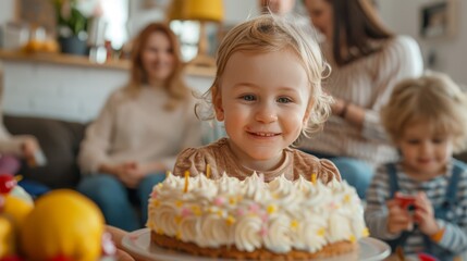 Young child sitting atop a cake.
