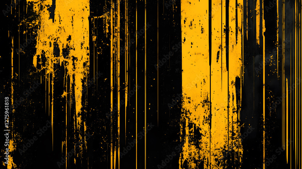 Poster abstract grunge art with vertical lines and splashes of yellow and black paint creating a textured b