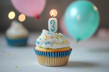 A sweet treat for a special day, this picture shows a birthday cupcake with a lit candle on top