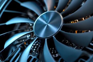 A detailed shot of a computer fan spinning and blowing air
