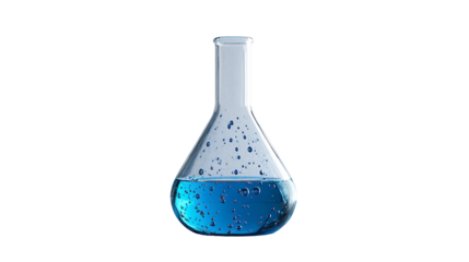 Chemistry Laboratory Flask with Blue Liquid Bubbles PNG isolated Transparent White Background Photo Image Full hd 4k Download