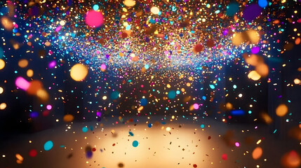 A festive and colorful party with flying neon confetti on a golden background