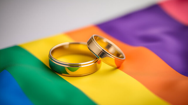 Two gleaming gold rings rest atop a vibrant rainbow flag, symbolizing love, equality, and commitment within the LGBTQ+ community