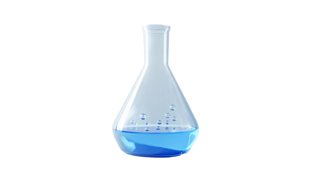 Chemistry Laboratory Flask with Blue Liquid Bubbles PNG isolated Transparent White Background Photo Image Full hd 4k Download