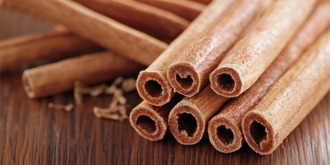 Pile of cinnamon sticks arranged neatly on a wooden table