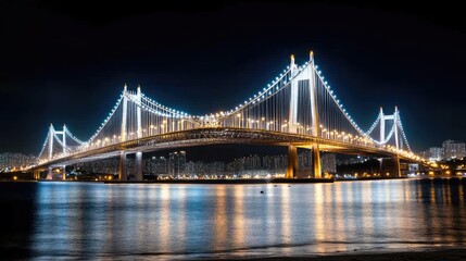 Obraz premium Illuminated bridge at night over water, cityscape reflection. Possible use Stock photo for travel, architecture, and cityscapes