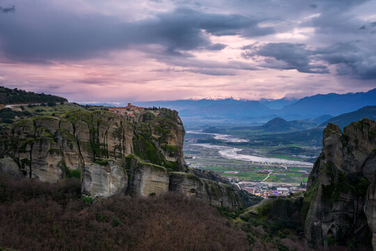 Stunning sunset view of Meteora monasteries in Greece