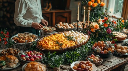 Obraz premium A family gathered around a beautifully decorated Easter table, with traditional dishes like paska, colored eggs, and candles, celebrating together in a warm, festive atmosphere