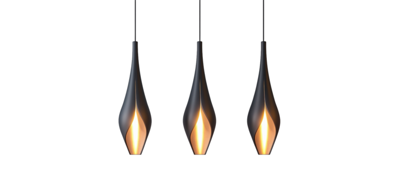 Sleek Pendant Lights: A modern ensemble of three elegantly designed pendant lights, their elongated, teardrop forms casting a warm, inviting glow against a softly illuminated backdrop.