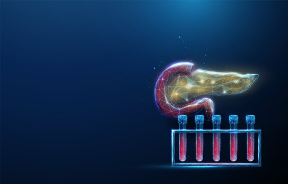 Abstract human pancreas with blood sample rack. Blood analysis and pancreatic health, medical diagnostics concept.