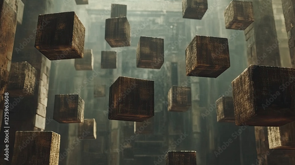 Poster a group of floating, interconnected cubes forming an abstract digital concept.