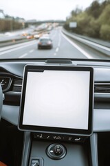 A tablet computer sits on the dashboard of a car, perfect for navigating or entertainment while on-the-go