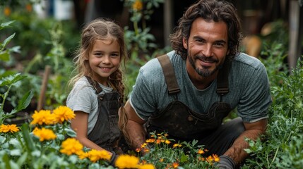 A family volunteering together at a community garden, planting flowers or vegetables, in a spirit of togetherness and giving back, in fresh green and earthy tones