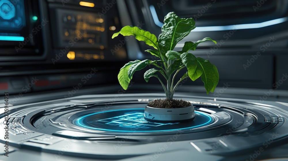 Poster a high-tech growth visualization with d holographic elements floating in a futuristic space.