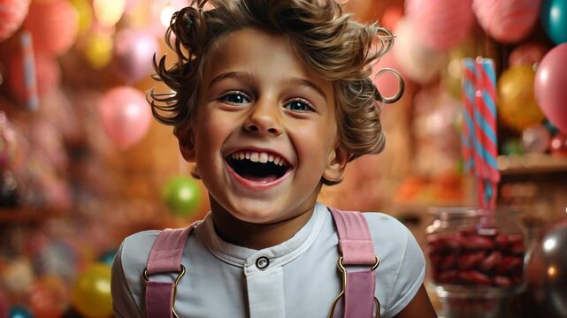 Portrait of Extremely Happy Cute Boy Laughing in Colorful Candy Store