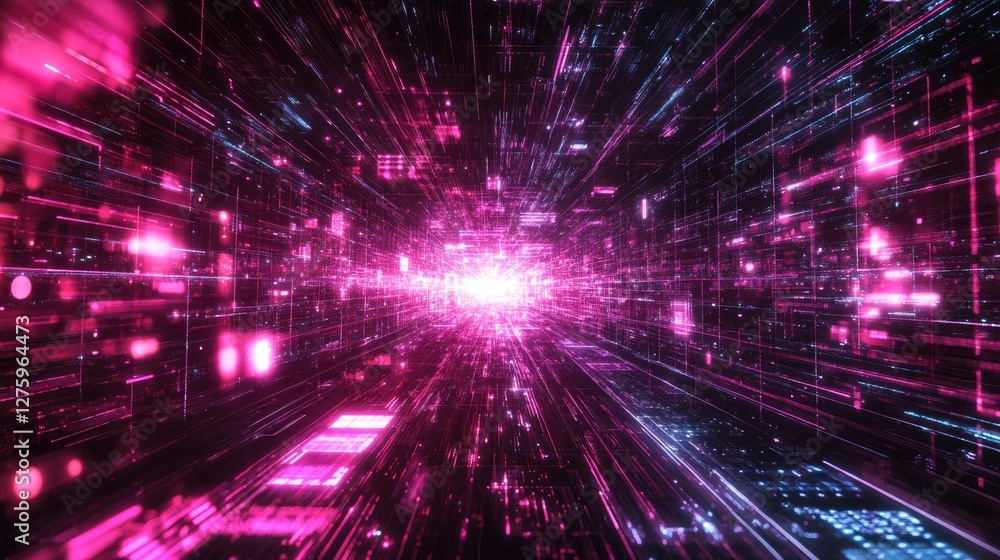 Poster a high-tech, space-themed data grid with a floating glowing x-axis spanning the composition.
