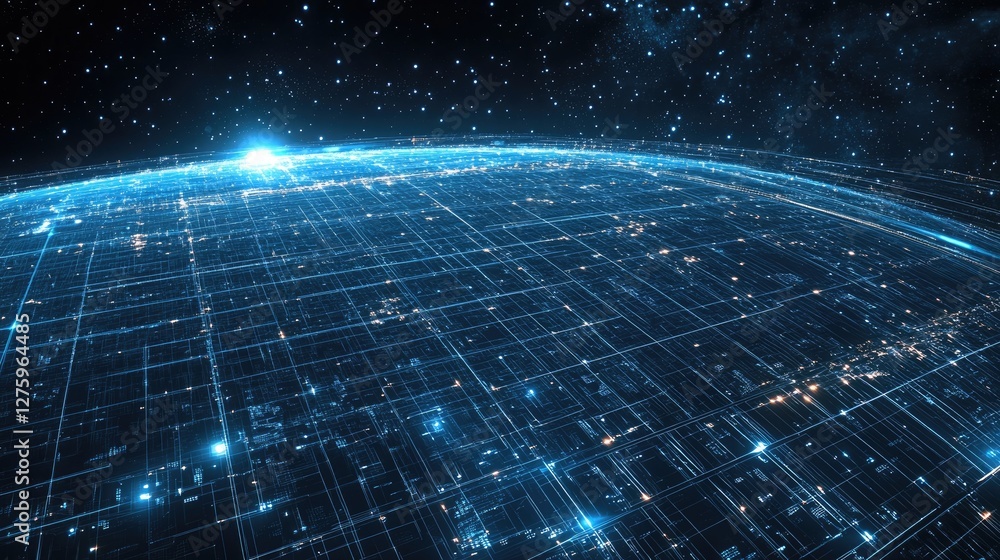 Poster a high-tech, space-themed data grid with a floating glowing x-axis spanning the composition.