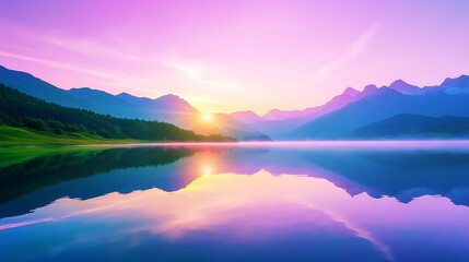 Fototapeta premium Serene sunrise over a tranquil lake surrounded by majestic mountains and lush greenery