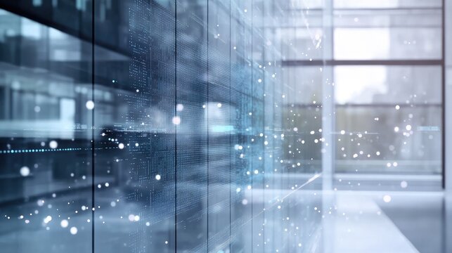 A holographic scatter plot appearing on a transparent glass panel in a futuristic setting.