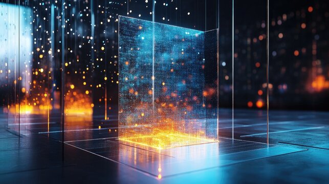A holographic scatter plot appearing on a transparent glass panel in a futuristic setting.