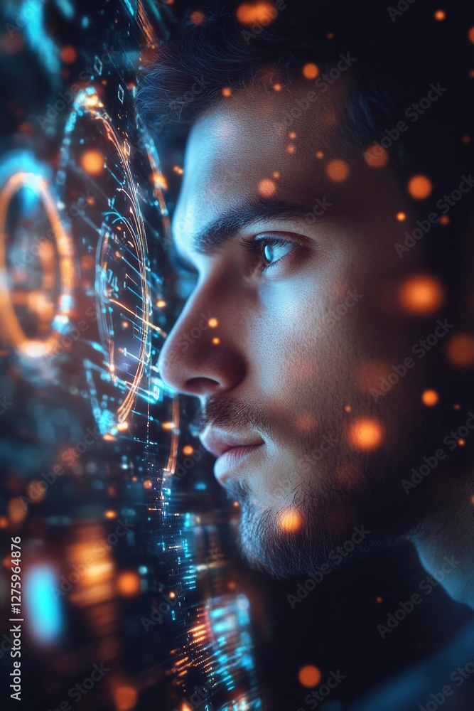 Poster a person examining a digital display showing the time, useful for illustrations about technology or 