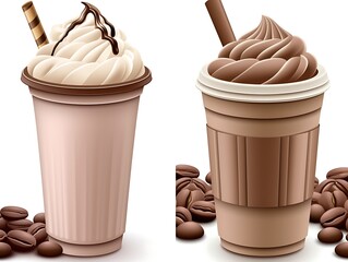 Iced Coffee Drinks, Cups, Coffee Beans, Isolated