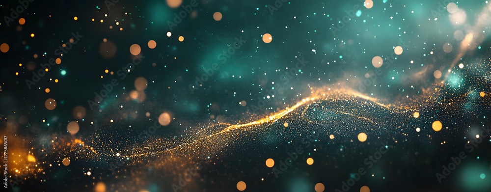 Poster abstract gold and teal sparkling particle wave background image