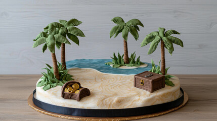 Obraz premium detailed birthday cake featuring pirate island scene with palm trees, treasure, and water, happy birthday anniversary theme.