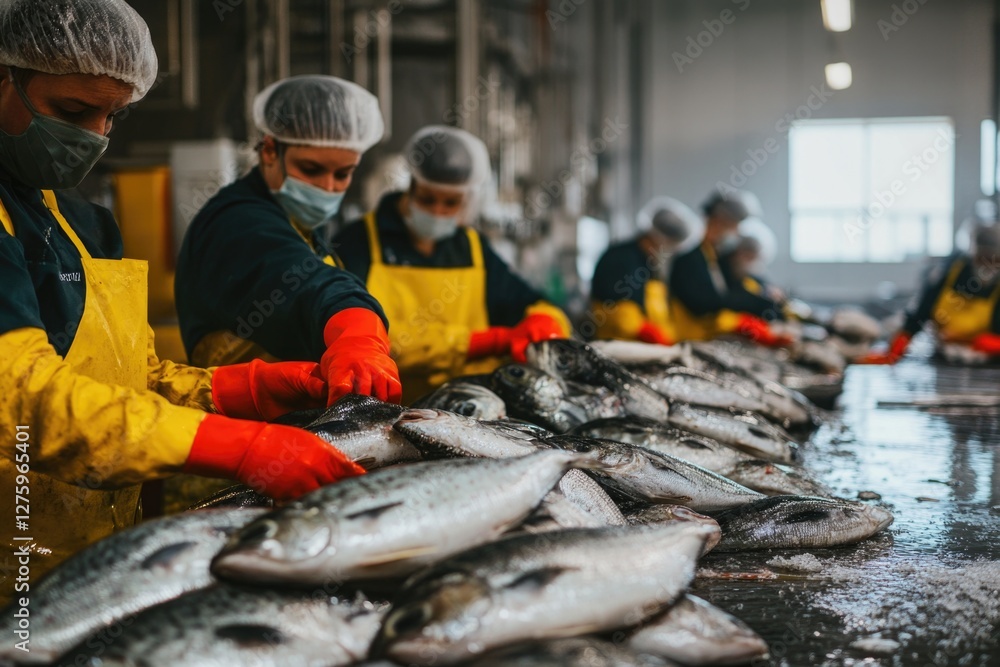 Poster workers processing fish in a modern factory setting