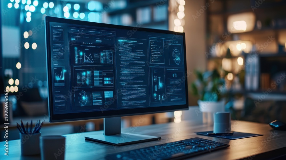 Poster a sleek computer monitor displays data and code in a cozy workspace illuminated by ambient lighting.