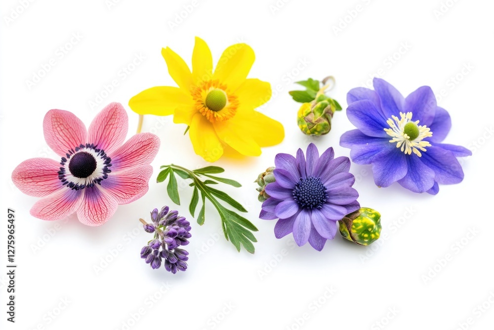 Poster close-up shot of colorful flowers on a white surface, great for use in design and photography projec